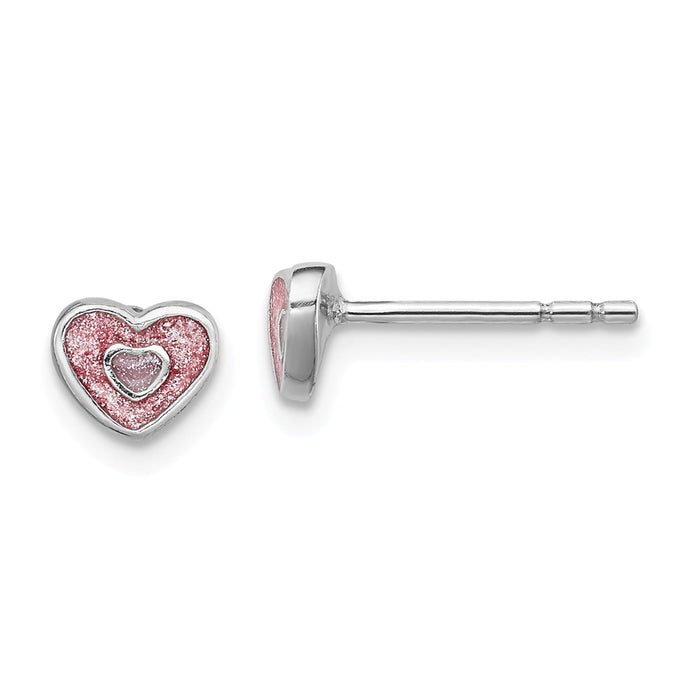 925 Sterling Silver Rhodium-Plated Plated Child's Pink Glittered Enamel Heart Earrings, 5mm x 6mm