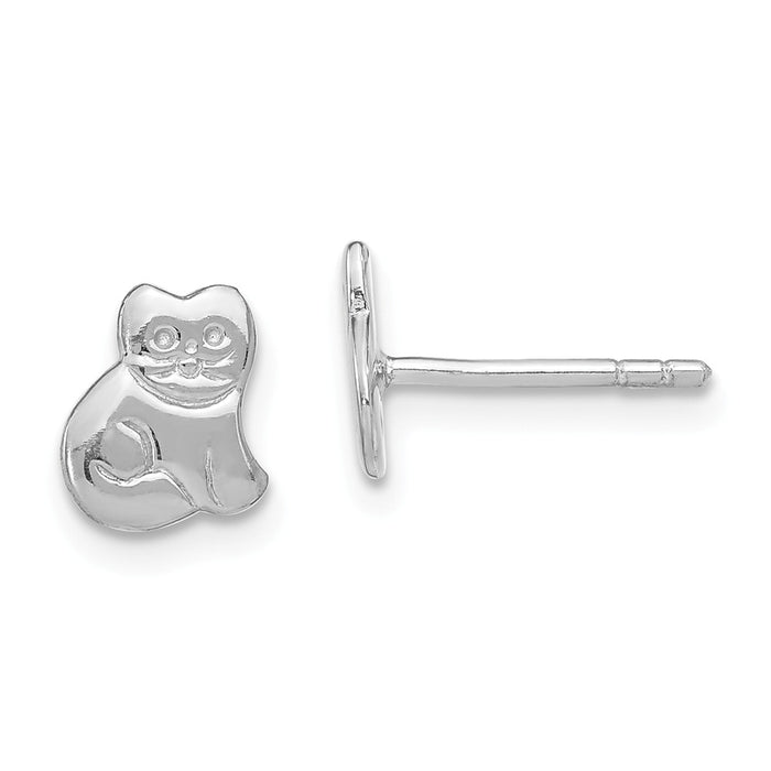 925 Sterling Silver Rhodium-Plated Plated Child's Polished Kitty Cat Post Earrings, 8mm x 7mm