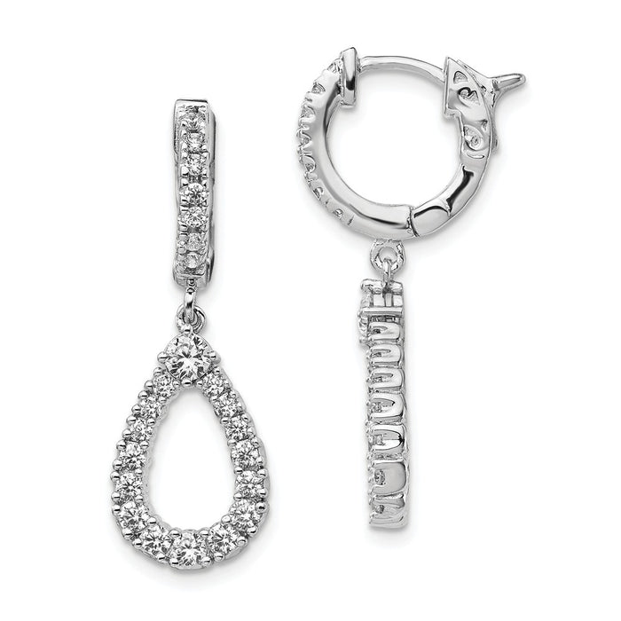 925 Sterling Silver Rhodium-Plated Cubic Zirconia ( CZ ) Hinged Hoop Dangle Teardrop Earrings, 30mm x 10mm