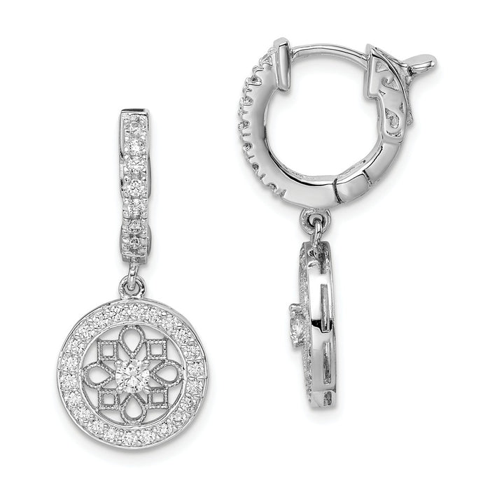 925 Sterling Silver Rhodium-Plated Cubic Zirconia ( CZ ) Hinged Hoop Dangle Earrings, 27mm x 12mm