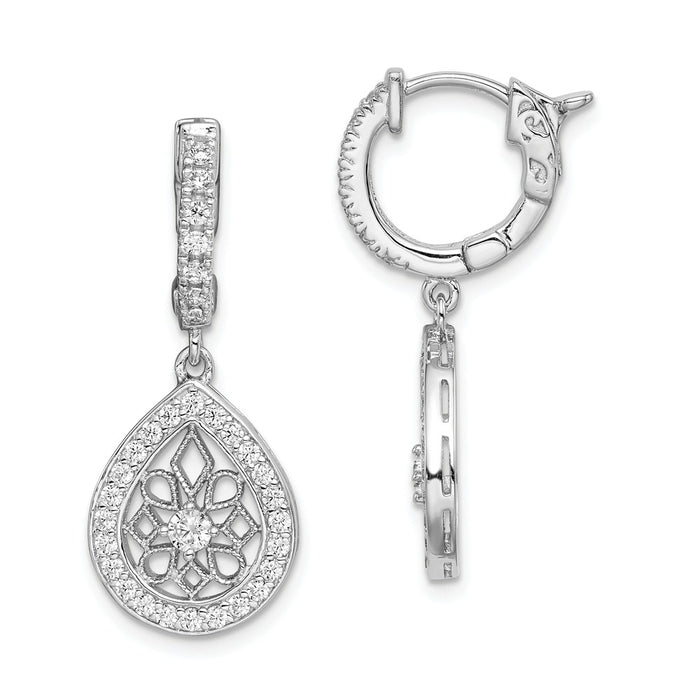 925 Sterling Silver Rhodium-Plated Cubic Zirconia ( CZ ) Hinged Hoop Dangle Earrings, 30mm x 12mm