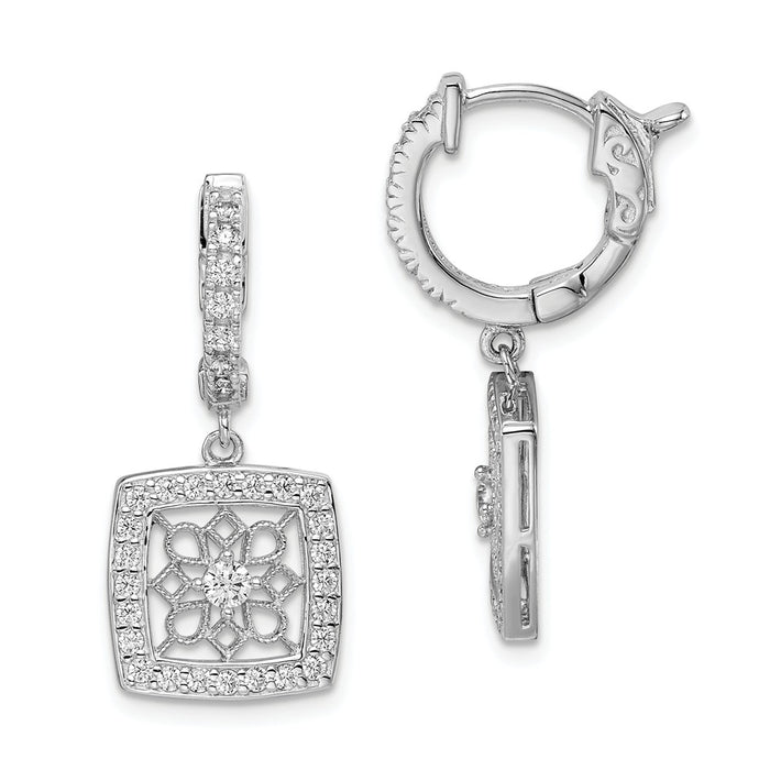 925 Sterling Silver Rhodium-Plated Cubic Zirconia ( CZ ) Hinged Hoop Dangle Square Snowflake Earri, 27mm x 12mm