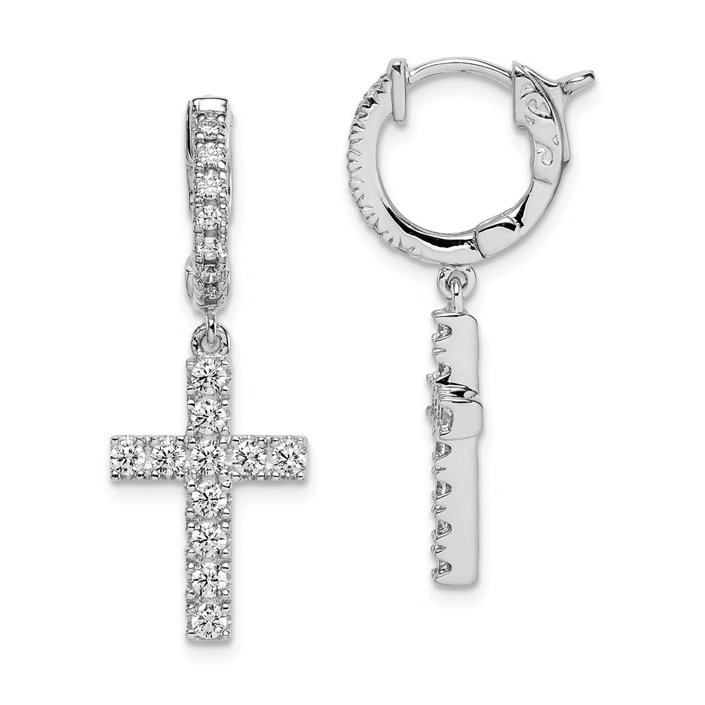 925 Sterling Silver Rhodium-Plated Cubic Zirconia ( CZ ) Hinged Hoop Dangle Cross Earrings, 31mm x 11mm