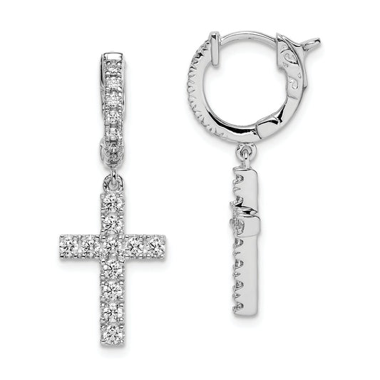925 Sterling Silver Rhodium-Plated Cubic Zirconia ( CZ ) Hinged Hoop Dangle Cross Earrings, 31mm x 11mm