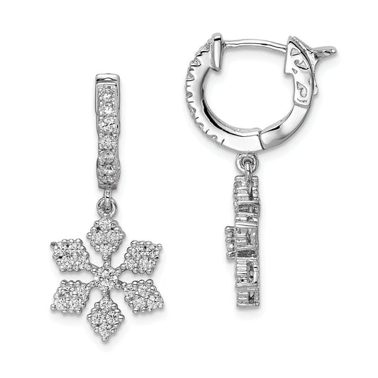 925 Sterling Silver Rhodium-Plated Cubic Zirconia ( CZ ) Hinged Hoop Dangle Snowflake Earrings, 29mm x 12mm