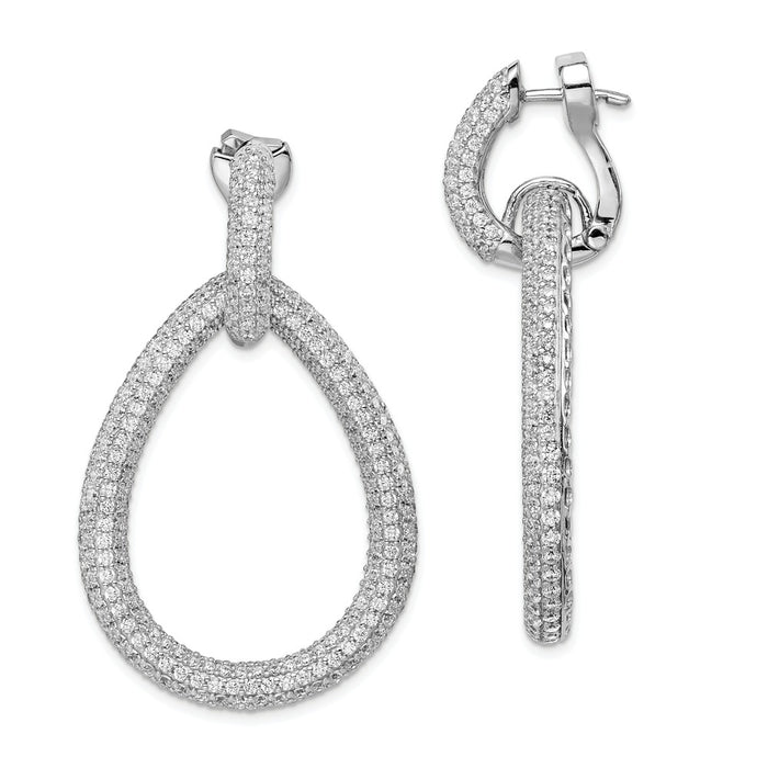 925 Sterling Silver Rhodium-Plated Cubic Zirconia ( CZ ) Teardrop Hinged Hoop Dangle Earrings, 48mm x 29mm