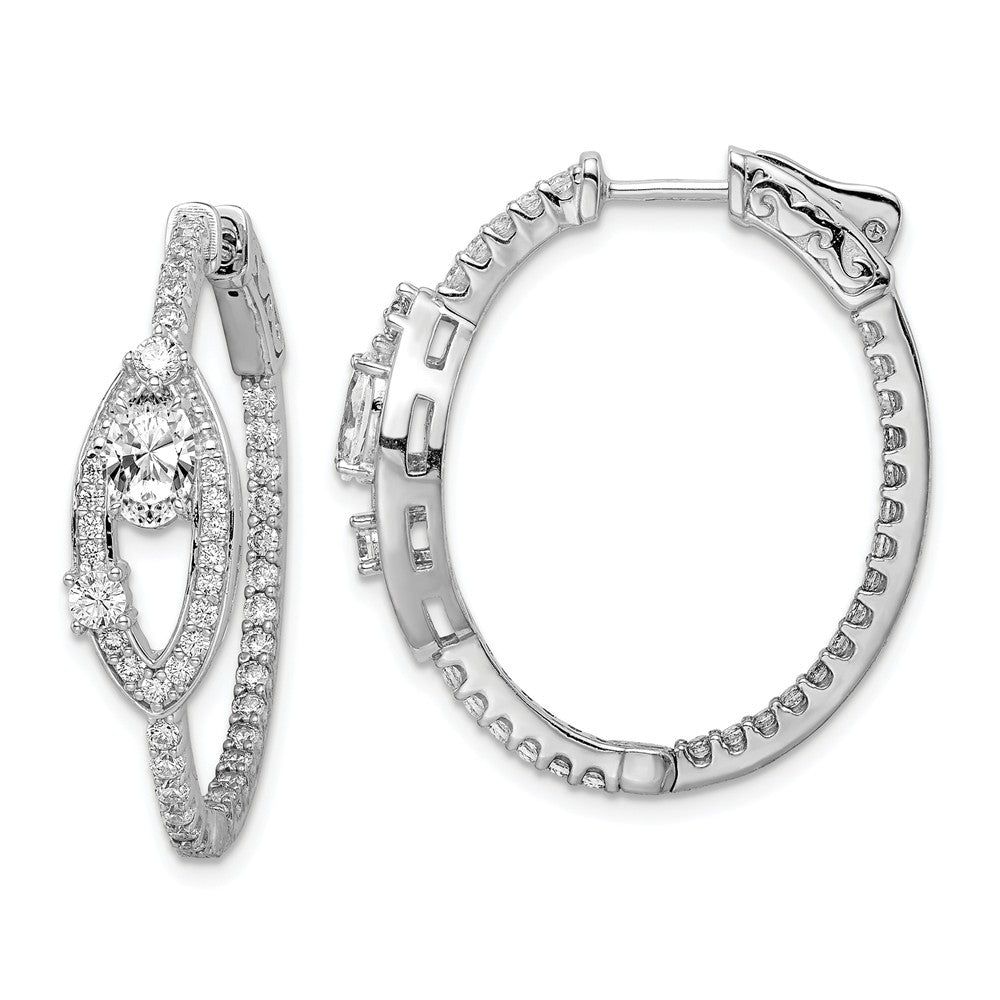 925 Sterling Silver Rhodium-Plated Cubic Zirconia ( CZ ) Oval Hinged In/Out Hoop Earrings, 27mm x 25mm