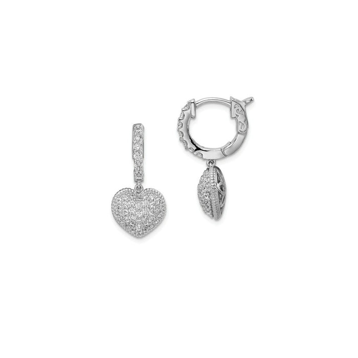 925 Sterling Silver Rhodium-Plated Cubic Zirconia ( CZ ) Hinged Hoop Dangle Heart Earrings, 24mm x 11mm