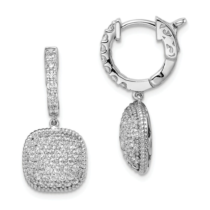 925 Sterling Silver Rhodium-Plated Cubic Zirconia ( CZ ) Hinged Hoop Dangle Square Earrings, 26mm x 11mm