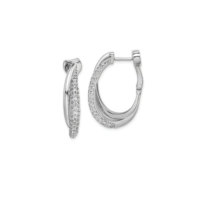 925 Sterling Silver Rhodium-Plated Polished Cubic Zirconia ( CZ ) Hinged Oval Double Hoop Dangle E, 28mm x 18mm