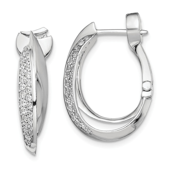 925 Sterling Silver Rhodium-Plated Polished Cubic Zirconia ( CZ ) Hinged Oval Double Hoop Dangle E, 24mm x 16mm