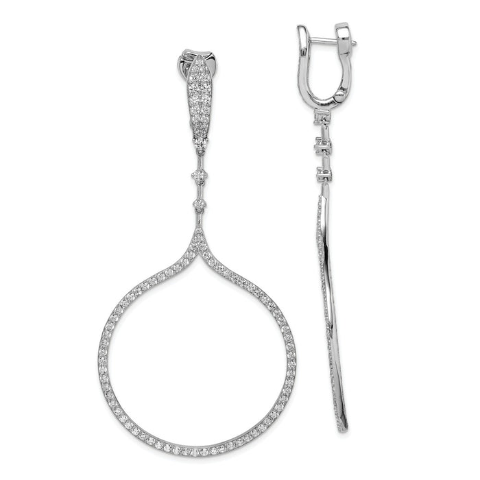 925 Sterling Silver Rhodium-Plated Cubic Zirconia ( CZ ) Large Hinged Hoop Dangle Earrings, 72mm x 36mm