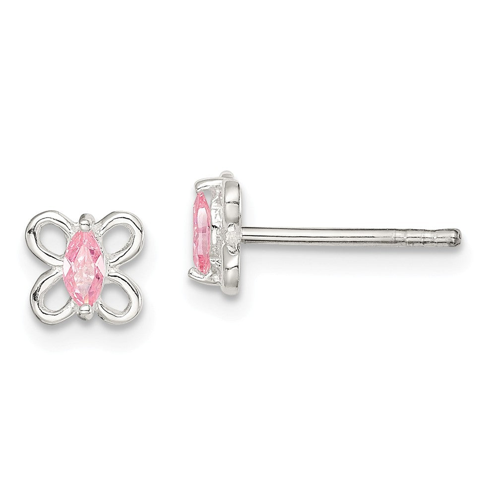 925 Sterling Silver Pink Cubic Zirconia ( CZ ) Butterfly Kid's Post Earrings, 6mm x 6mm