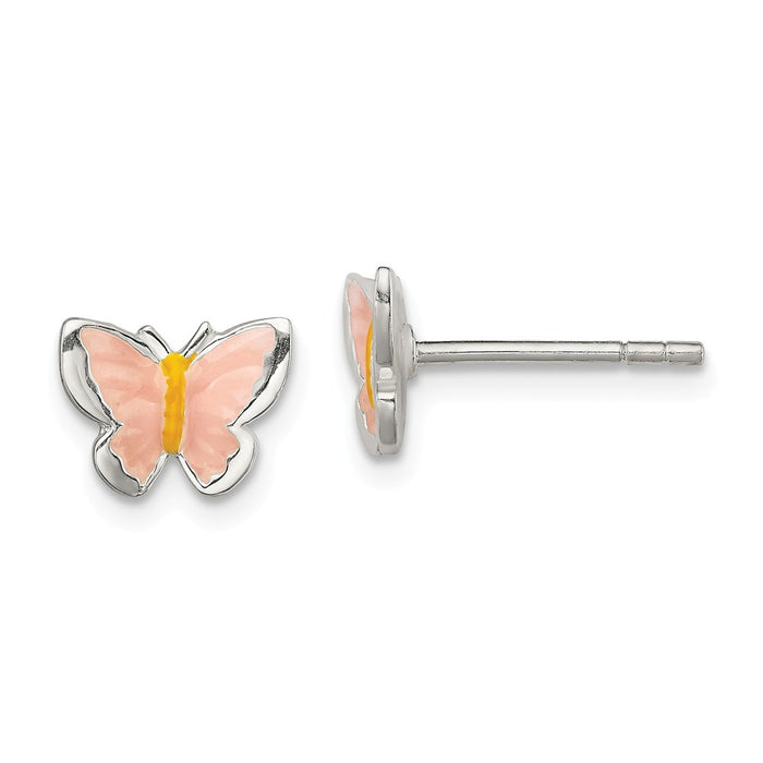 925 Sterling Silver Children's Enameled Butterfly Post Earrings, 9mm x 9mm