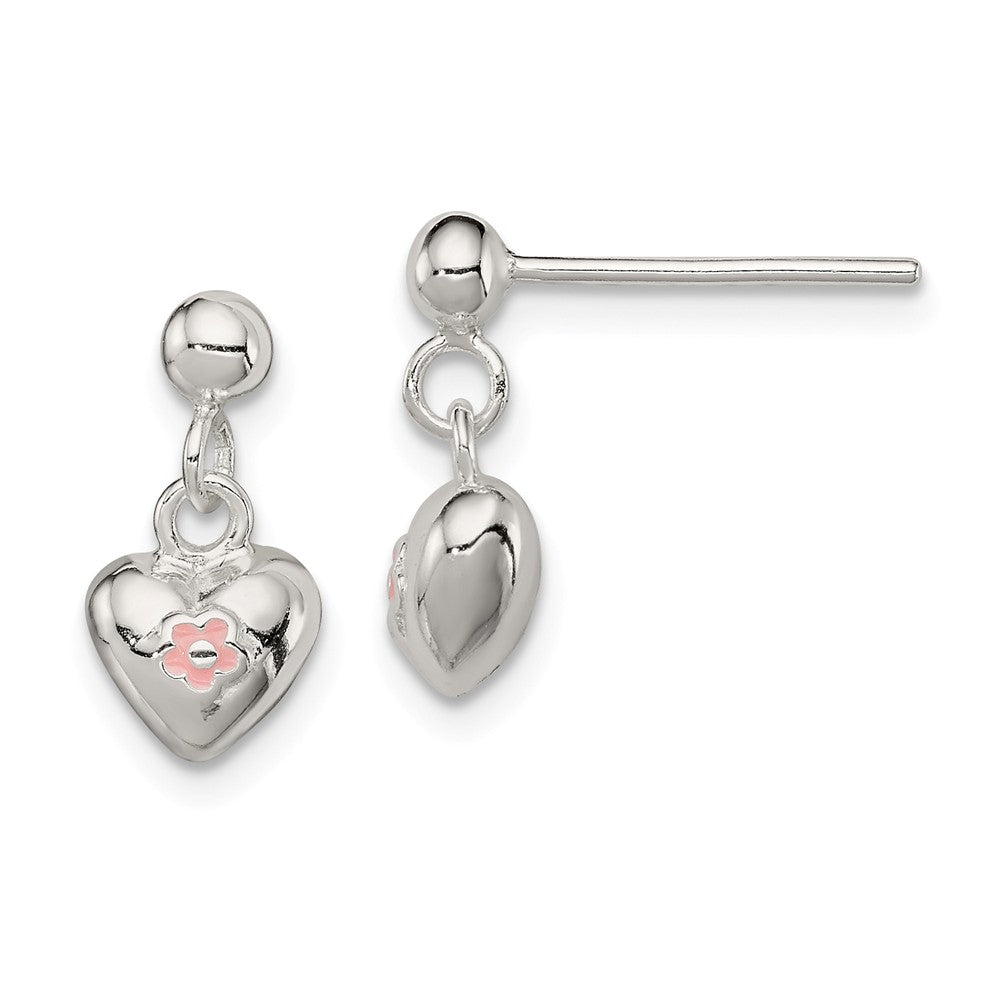 925 Sterling Silver Pink Enamel Kid's Heart Dangle Earrings, 12mm x 7mm