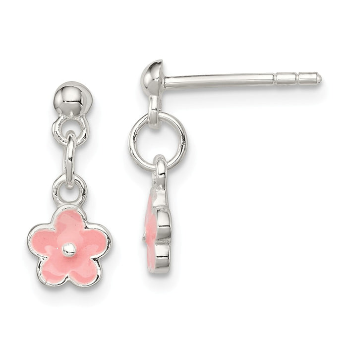 925 Sterling Silver Pink Enamel Kid's Flower Dangle Earrings, 13mm x 6mm