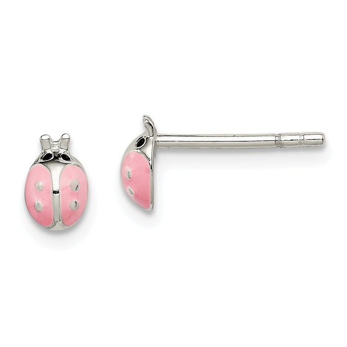 925 Sterling Silver Pink Enamel Kid's Ladybug Post Earrings, 6mm x 4mm