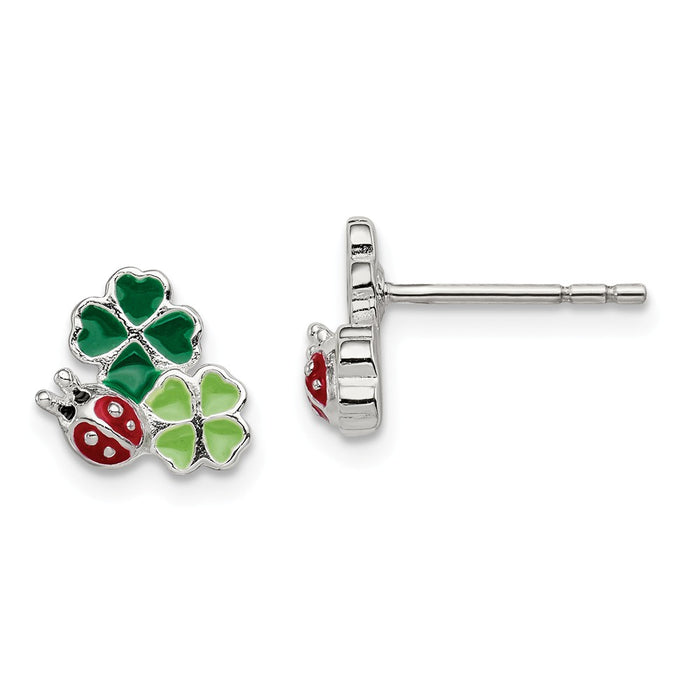 925 Sterling Silver Enamel Ladybug and Clovers Kid's PostEarrings, 9mm x 9mm