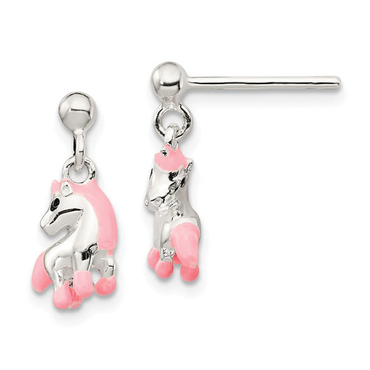 925 Sterling Silver Pink Enamel Kid's Horse Dangle Post Earrings, 16mm x 7mm