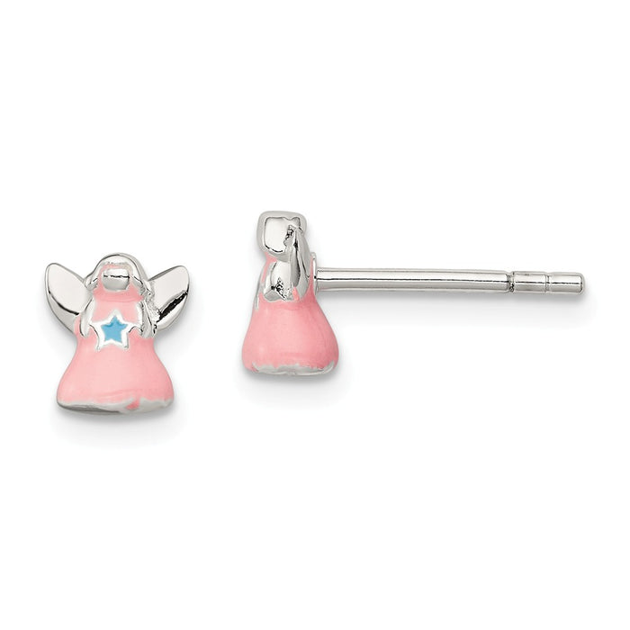 925 Sterling Silver Pink Enamel Angel Kid's PostEarrings, 14mm x 6mm