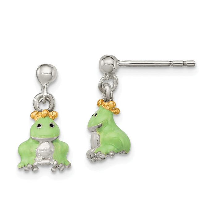 925 Sterling Silver Children's Gold-plated/Enameled Prince Frog Earrings, 15mm x 8mm