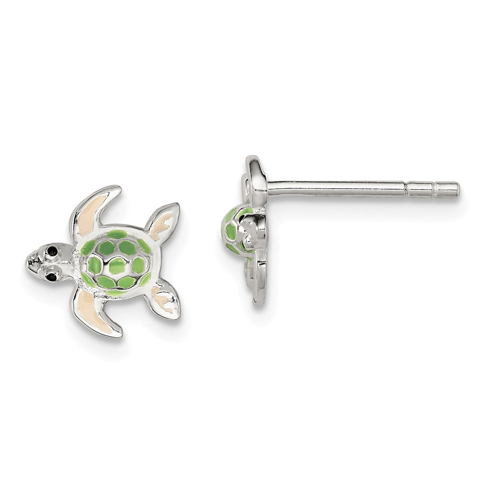 925 Sterling Silver Children's Enameled Sea Turtle Post Earrings, 9mm x 9mm
