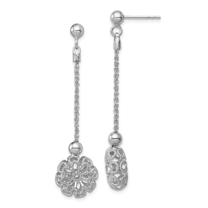 925 Sterling Silver Rhodium-plated Polished & Diamond-Cut Flower Post Dangle Earrings, 49mm x 14mm