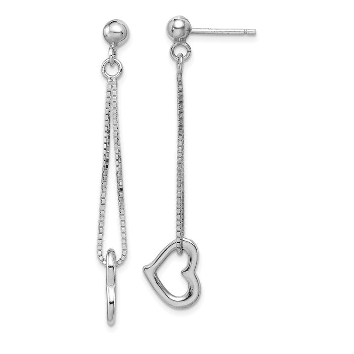 925 Sterling Silver Rhodium-plated Heart with Box Chain Post Dangle Earrings, 47mm x 10mm