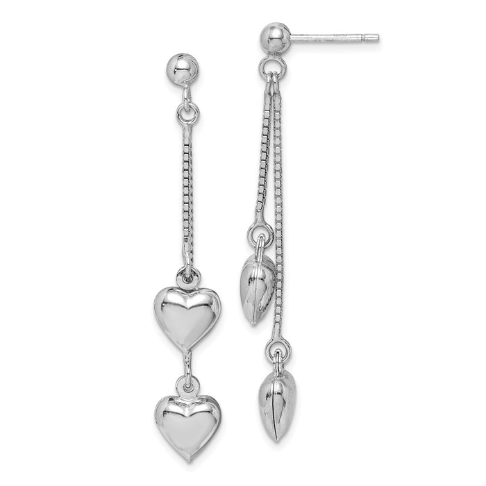 925 Sterling Silver Rhodium-plated Polished Heart Post Dangle Earrings, 53mm x 9mm