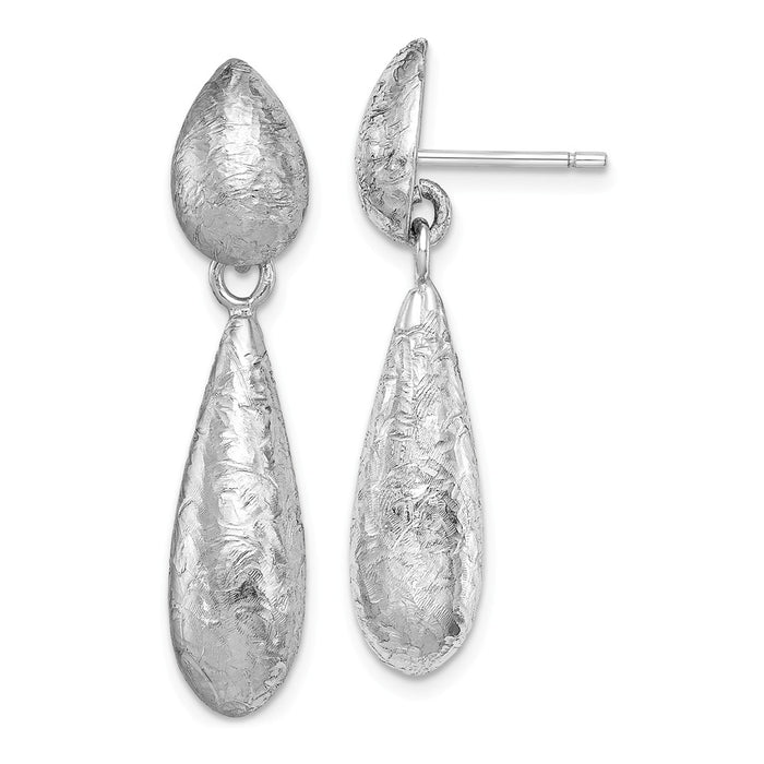 925 Sterling Silver Rhodium-plated Textured Teardrop Dangle Post Earrings, 39mm x 8mm