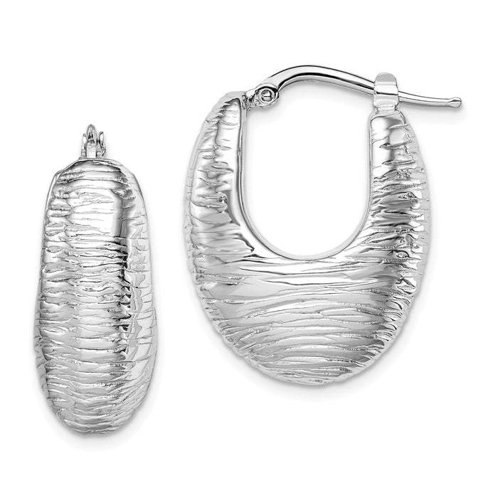 925 Sterling Silver Rhodium-plated Polished/Textured Hollow Hoop Earrings, 26mm x 22mm