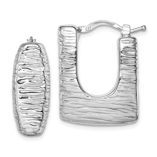 925 Sterling Silver Rhodium-plated Polished/Textured Sq. Hollow Hoop Earrings, 25mm x 10mm