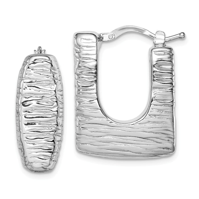 925 Sterling Silver Rhodium-plated Polished/Textured Sq. Hollow Hoop Earrings, 25mm x 10mm