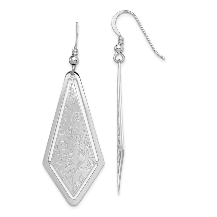 925 Sterling Silver Rhodium-plated Polished Etched Shepherd Hook Earrings, 57mm x 20mm
