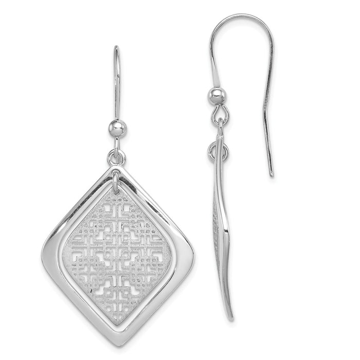 925 Sterling Silver Rhodium-plated Brushed/Polished Shepherd Hook Earrings, 50mm x 27mm