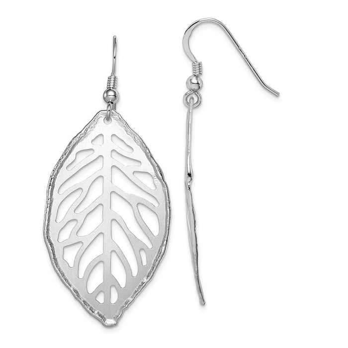 925 Sterling Silver Rhodium-plated Satin Cut-Out Leaf Lever Back Earrings, 65mm x 29mm