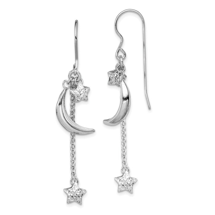 925 Sterling Silver Rhodium-Plated Diamond-Cut Puff Stars and Moons Earrings, 48mm x 7mm