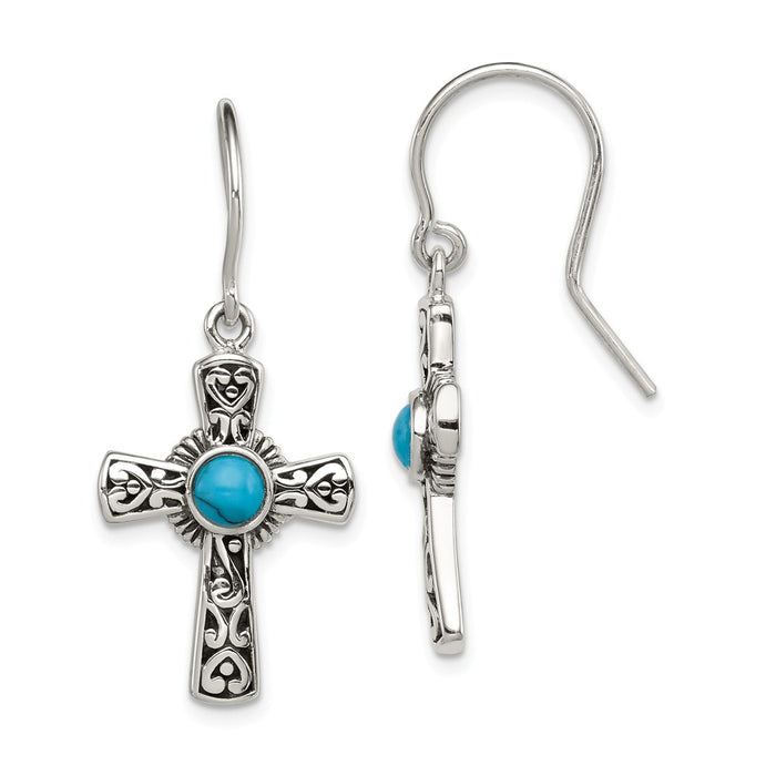 925 Sterling Silver Antiqued Recon Turquoise Cross Shepherd Hook Earrings, 33mm x 16mm