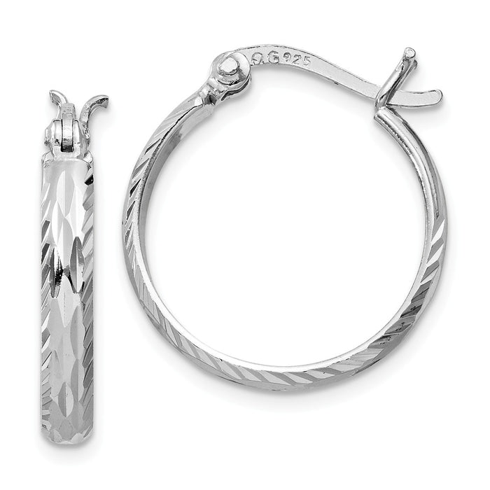 925 Sterling Silver Rhodium-plated Polished Textured Small Round Hoops, 22mm x 22mm