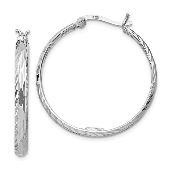 925 Sterling Silver Rhodium-plated Polished Textured Medium Round Hoops, 33mm x 33mm