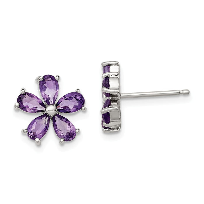 925 Sterling Silver Amethyst Floral Earrings, 11mm x 11mm