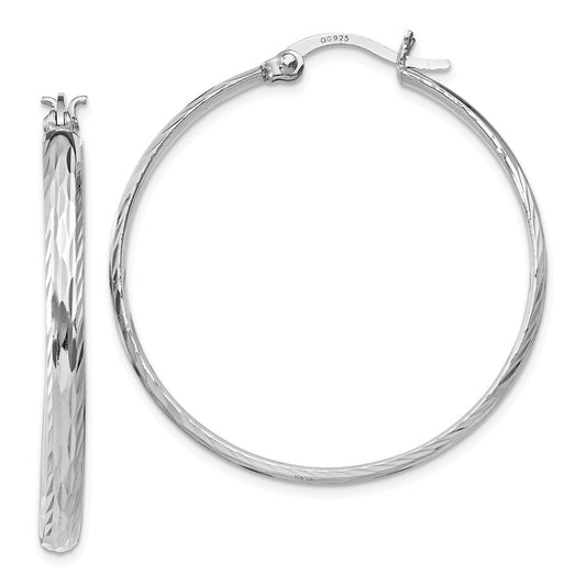925 Sterling Silver Rhodium-plated Polished Textured Large Round Hoops, 37mm x 37mm