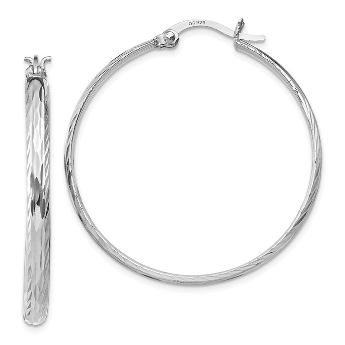 925 Sterling Silver Rhodium-plated Polished Textured Large Round Hoops, 37mm x 37mm