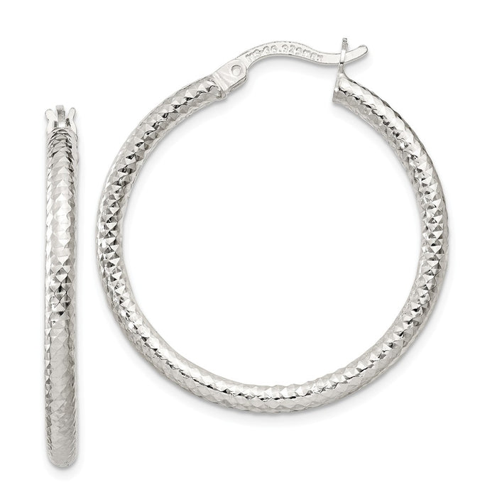 925 Sterling Silver Polished Diamond-Cut Hoop Earrings, 32mm x 32mm
