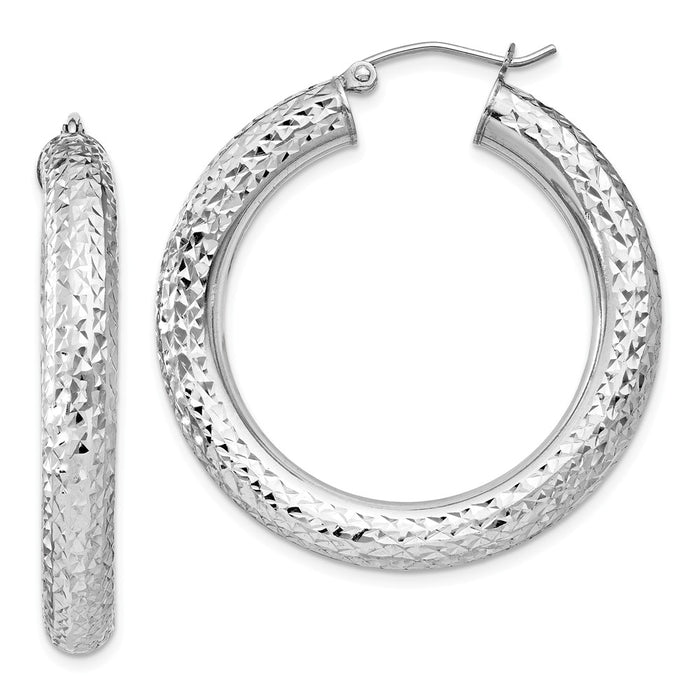 925 Sterling Silver Rhodium-plated Diamond-cut Hinged Hoop Earrings, 36mm x 4.75mm