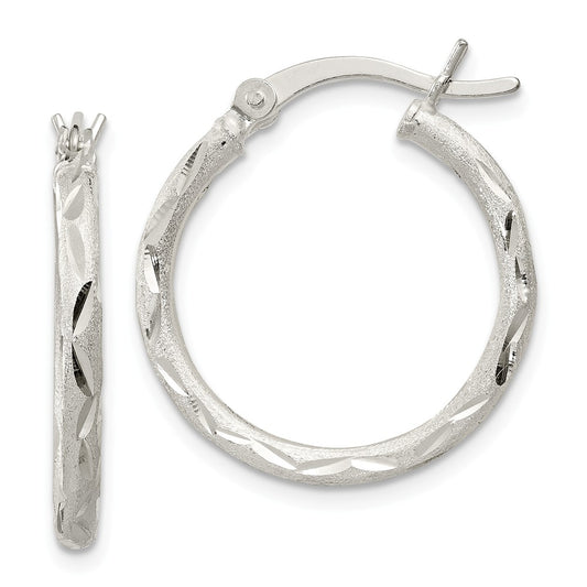 925 Sterling Silver Satin Finish Diamond-cut Hinged Hoop Earrings, 22mm x 22mm