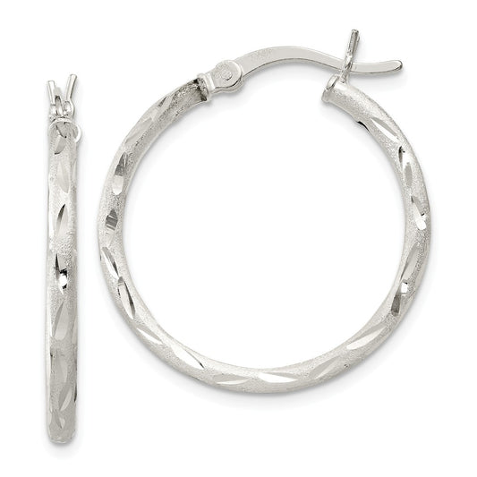 925 Sterling Silver Satin Finish Diamond-cut Hinged Hoop Earrings, 27mm x 27mm