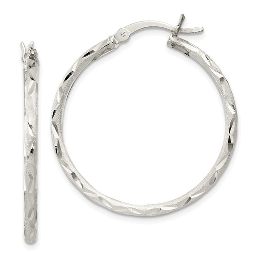 925 Sterling Silver Satin Finish Diamond-cut Hinged Hoop Earrings, 33mm x 33mm
