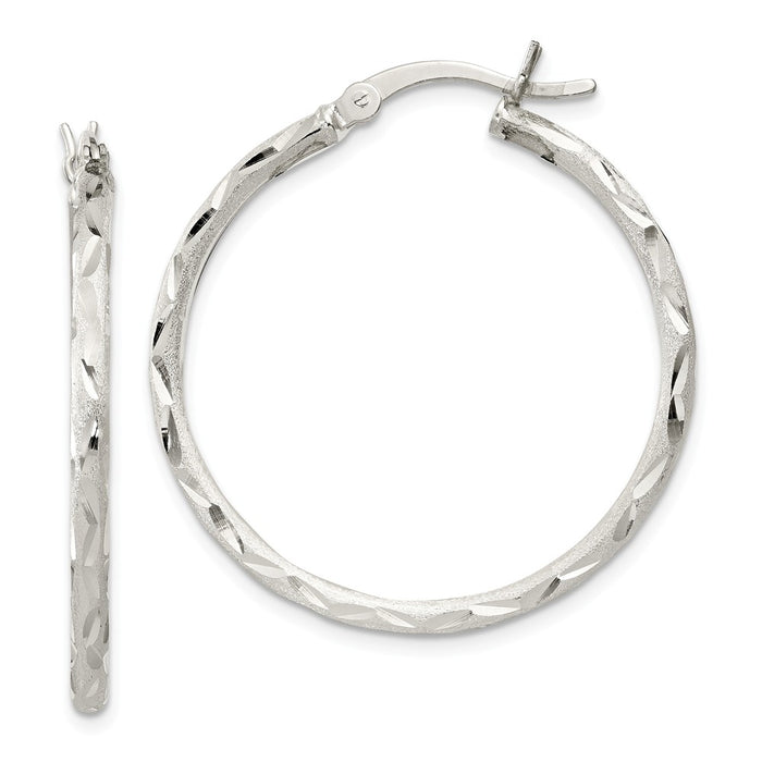 925 Sterling Silver Satin Finish Diamond-cut Hinged Hoop Earrings, 33mm x 33mm