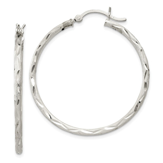 925 Sterling Silver Satin Finish Diamond-cut Hinged Hoop Earrings, 38mm x 38mm